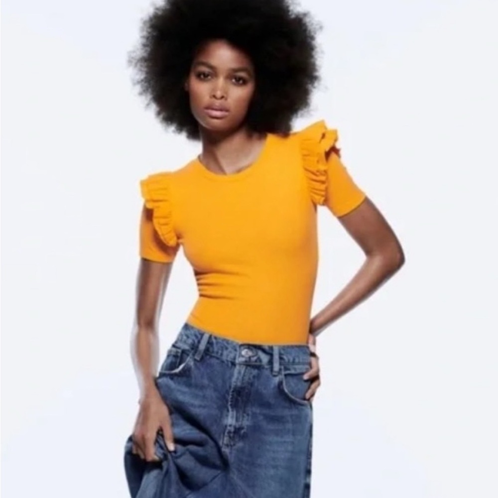 Zara Orange Fitted Ruffled Bodysuit NWOT